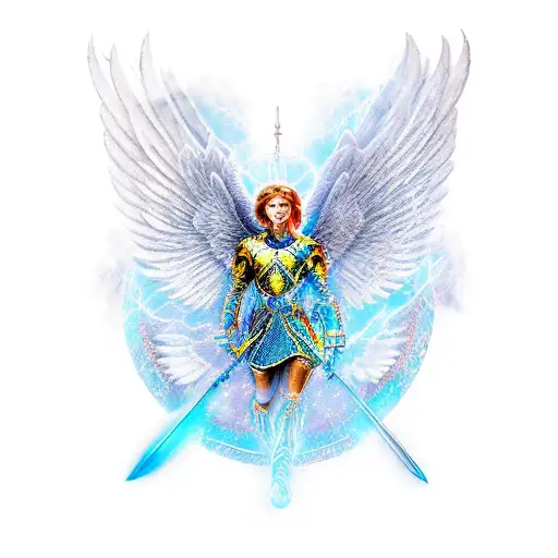 archangel Michael  with 6 wings and sword tattoo design idea