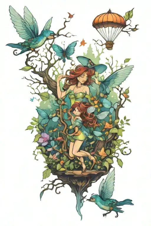 enchanted forest scene featuring fairies flying tattoo design idea