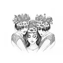 Three sisters holding hands, each with a different flower crown tattoo design idea