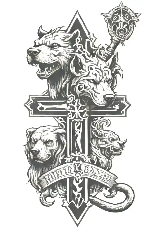 rip dad cross with cerberus head and aquarius zodiac sign tattoo design idea