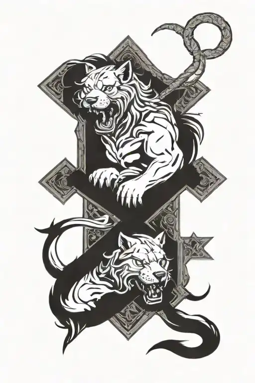 rip dad cross with cerberus head and aquarius zodiac sign tattoo design idea