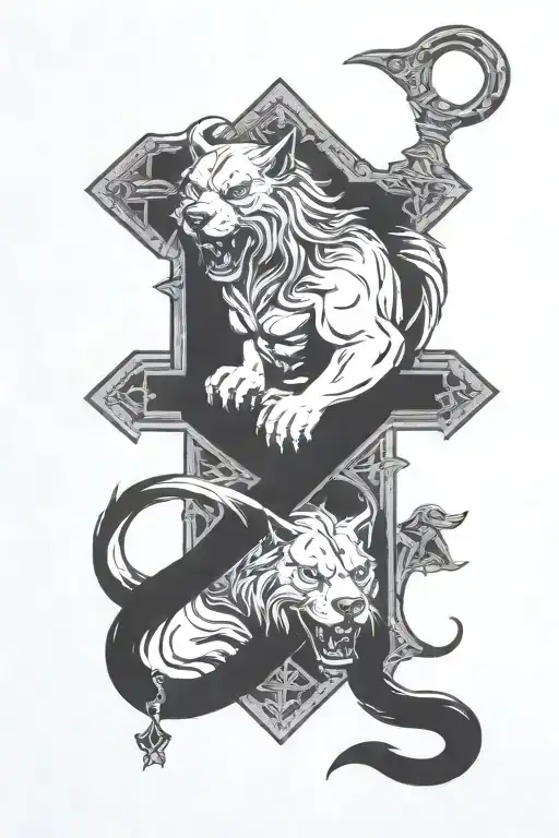 rip dad cross with cerberus head and aquarius zodiac sign tattoo design idea