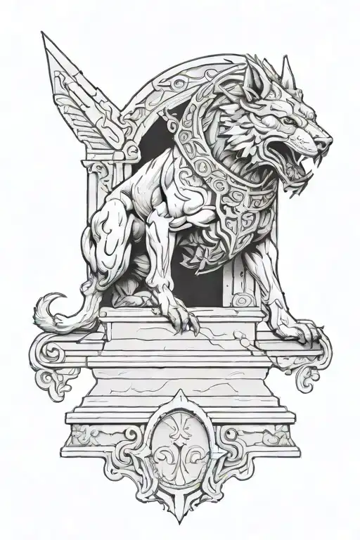 cerberus, spartan warrior guarding a tombstone rip tattoo design idea