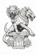 cerberus, spartan warrior guarding a tombstone rip tattoo design idea