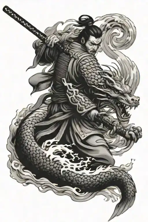 Samurai with katana fighting dragon with waves crashing tattoo design idea