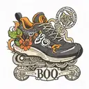 track shoe with the name boo in the middloe tattoo design idea