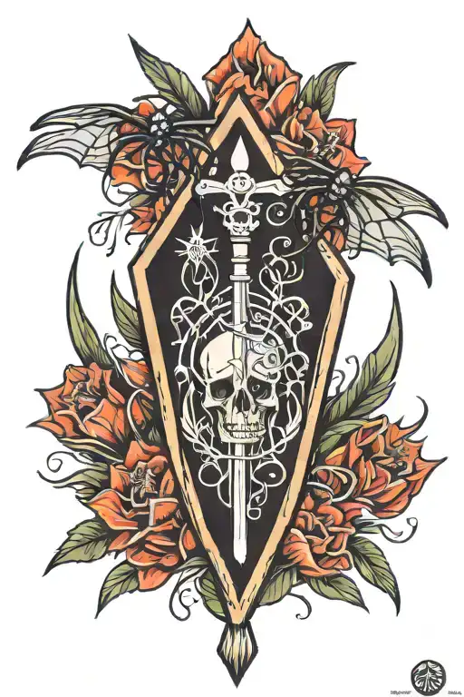 coffin with the three of swords and spider Lilly flower tattoo design idea
