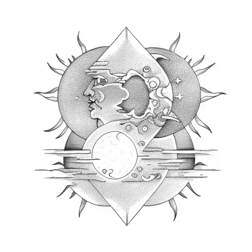 sun and moon, half and half, fine line tattoo design idea