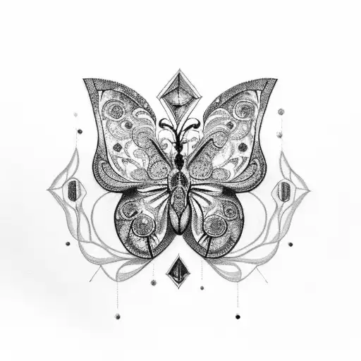 An intricate black and grey tattoo featuring a collection of gemstones arranged in the shape of a butterfly tattoo design idea