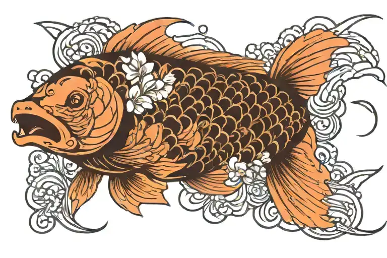 Japanese Tattoo Carp Flowers Wave lines Black tattoo design idea