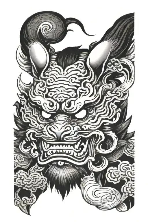 Miyamoto Musashi foo dog hennya mask tattoo design idea
