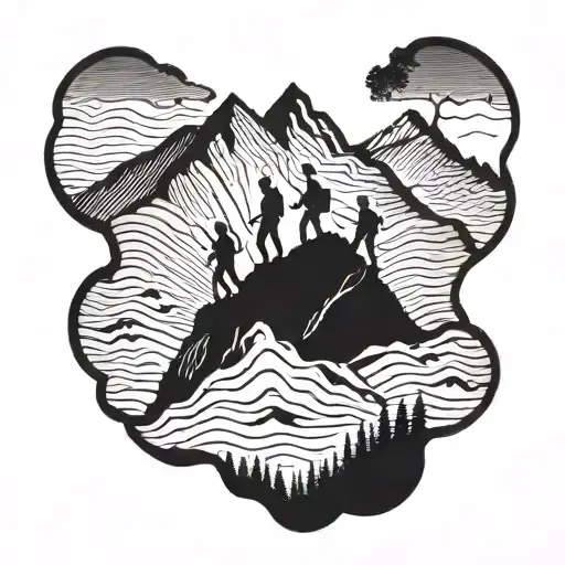 A silhouette of a family climbing a mountain together tattoo design idea