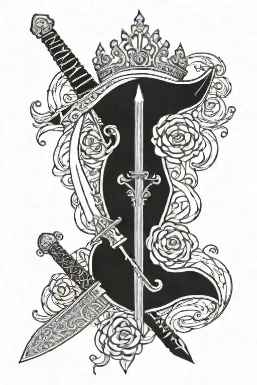 sword piercing an eye mask, a harp and a crown  tattoo design idea