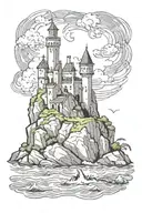 castle on rocks in surrounding of ocean, stormy weather, dragon sitting on castle tattoo design idea