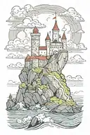 castle on rocks in surrounding of ocean, stormy weather, dragon sitting on castle tattoo design idea
