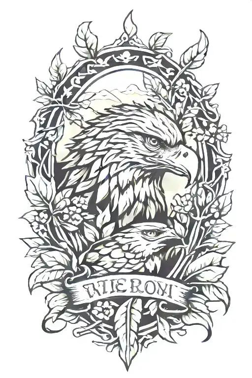 eagle forest wolf lake mountains laurel wreath tattoo design idea