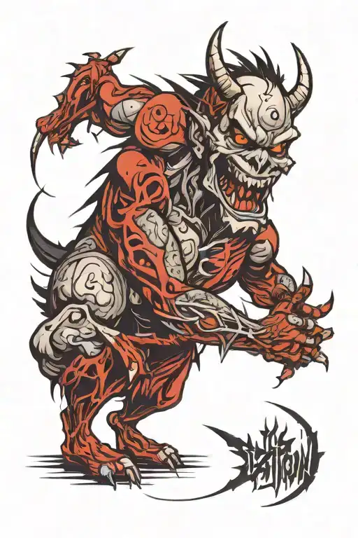 Demon, lightning, smile, blood, pain, money, passion, apathy, despair, power, domination, nomination tattoo design idea