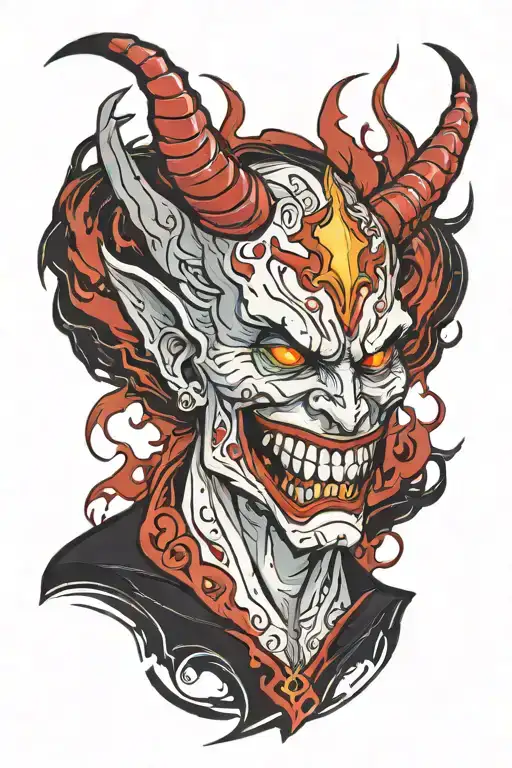 Demon, lightning, smile, blood, pain, money, passion, apathy, despair, power, domination, nomination tattoo design idea