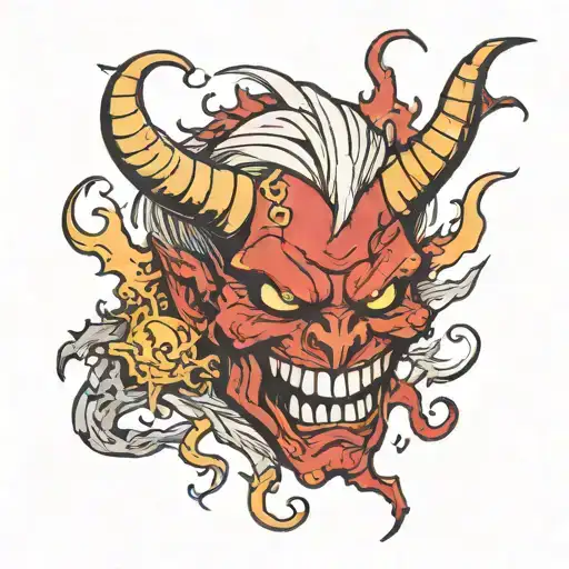 Demon, lightning, smile, blood, pain, money, passion, apathy, despair, power, domination, nomination tattoo design idea
