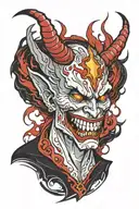 Demon, lightning, smile, blood, pain, money, passion, apathy, despair, power, domination, nomination tattoo design idea