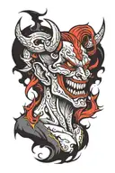 Demon, lightning, smile, blood, pain, money, passion, apathy, despair, power, domination, nomination tattoo design idea