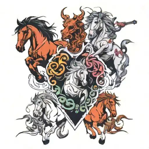 the four horsemen of the apocalypse coming out of a heart dragging a brain tattoo design idea