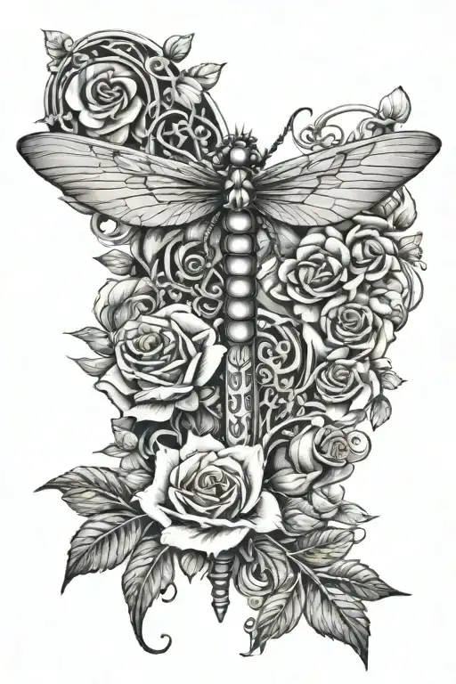 dagger with a handle made out of a jeweled dragonfly and quarternary at the top and rose vines twisting around tattoo design idea