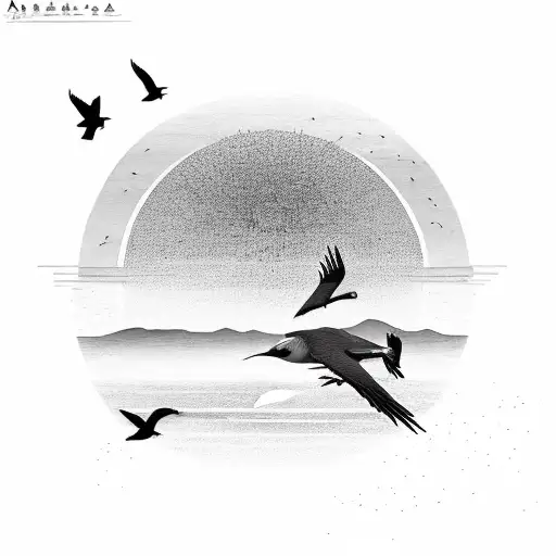 A serene landscape with a setting sun and birds flying towards the horizon tattoo design idea