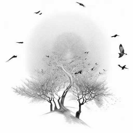 A beautiful street with trees and birds in flight tattoo design idea