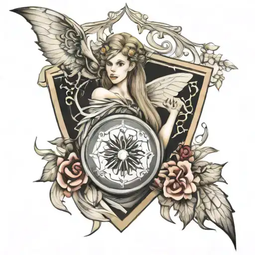 fairies, shield-maiden, black and grey sleeve tattoo tattoo design idea