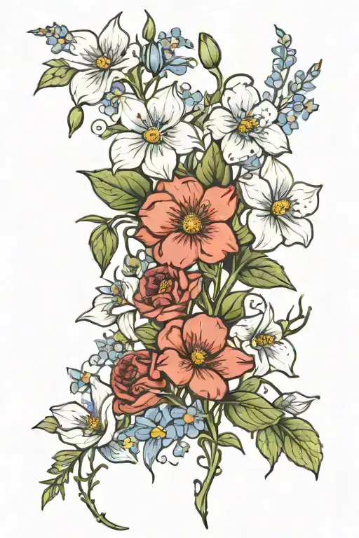 snow drop, rose, larkspur, forget me not, poppy and cosmos  tattoo design idea