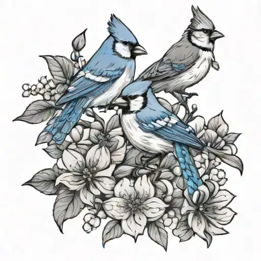 cardinal and blue jay flowers around tattoo design idea