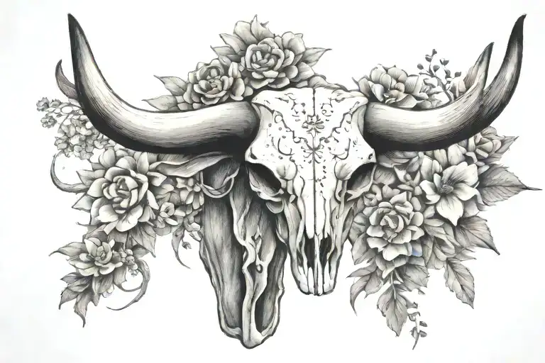 A Texas longhorn skull adorned with wildflowers and cacti tattoo design idea