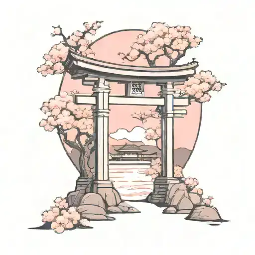 torii gate with cherry blossoms tattoo design idea