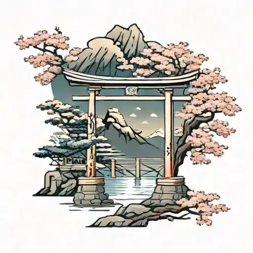 torii gate with cherry blossom tree under tattoo design idea
