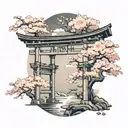 torii gate with cherry blossom tree under tattoo design idea