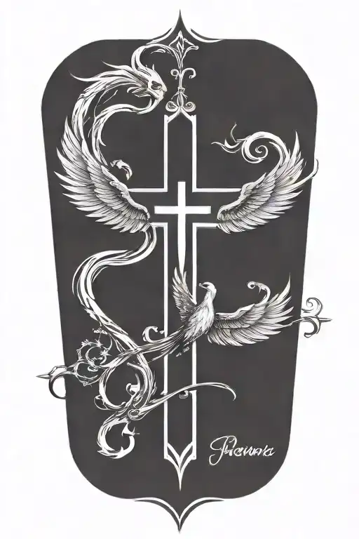 Phoenix rising from  flames and a prominent cross  and words Dona Nobis  Pacem in gothic letters  tattoo design idea