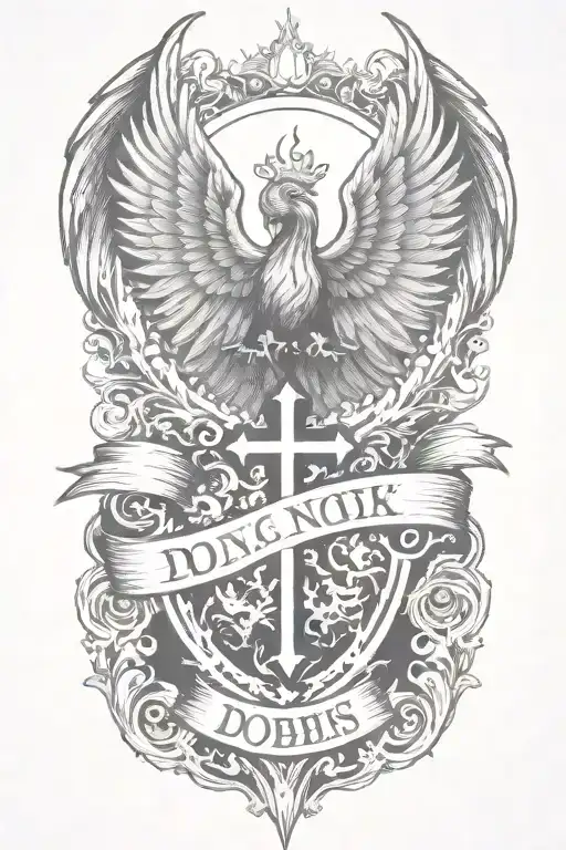 Phoenix rising from  flames and a prominent cross  and words Dona Nobis  Pacem in gothic letters  tattoo design idea