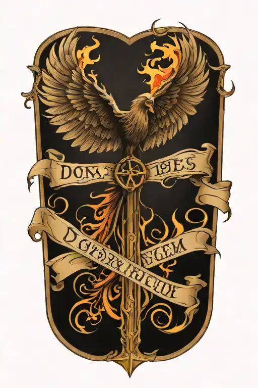 Phoenix bird rising from  flames and cross  and banner with  words Dona Nobis  Pacem in gothic letters  tattoo design idea
