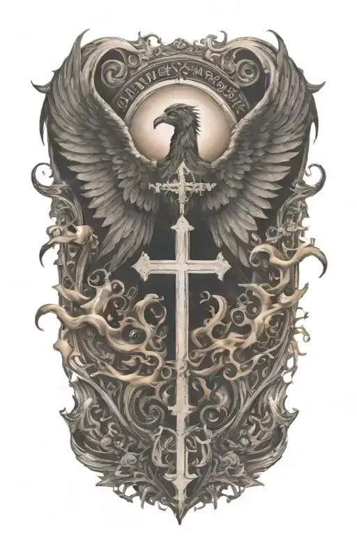 Phoenix rising from  flames and a cross  and words Dona Nobis  Pacem in gothic letters  tattoo design idea