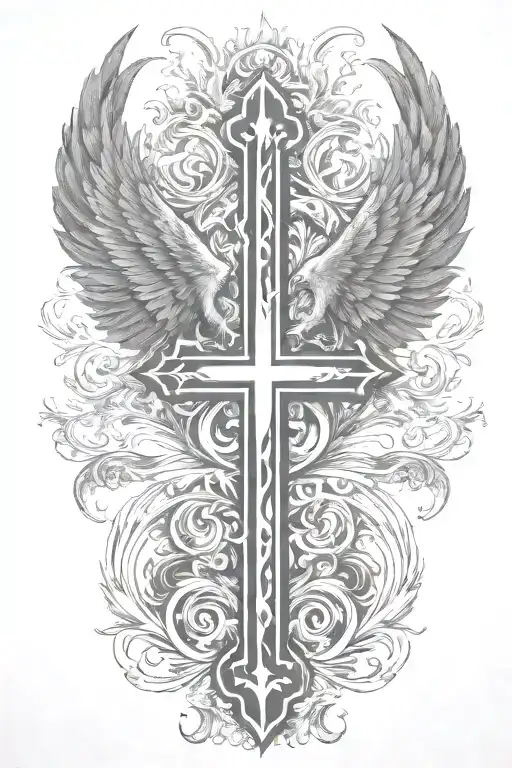 Phoenix rising from  flames and two crosses  and words Dona Nobis  Pacem in gothic letters  tattoo design idea