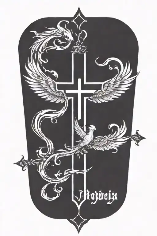 Phoenix rising from  flames and a prominent cross  and words Dona Nobis  Pacem in gothic letters  tattoo design idea