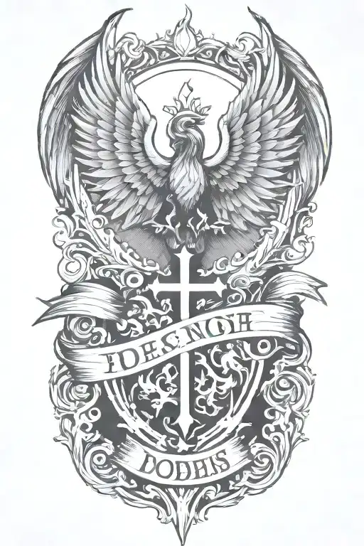 Phoenix rising from  flames and a prominent cross  and words Dona Nobis  Pacem in gothic letters  tattoo design idea