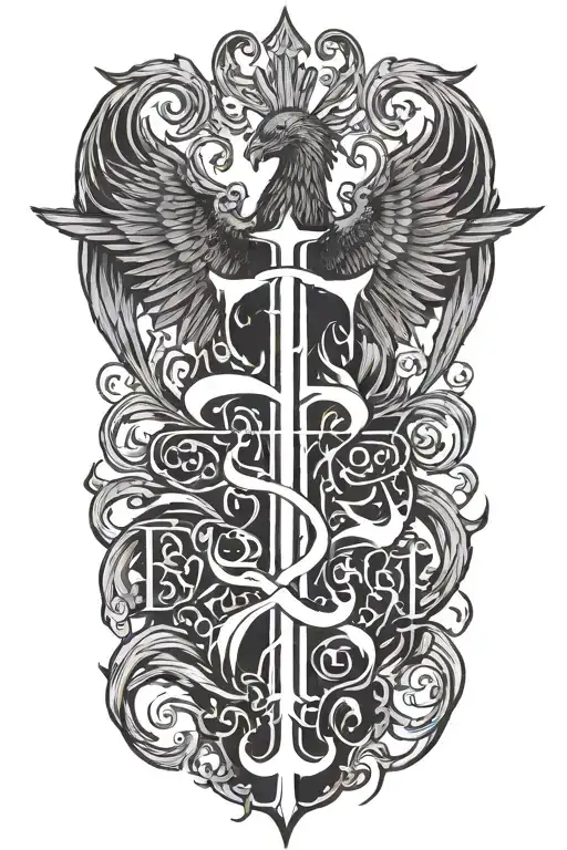 Phoenix rising from  flames and two crosses  and words Dona Nobis  Pacem in gothic letters  tattoo design idea