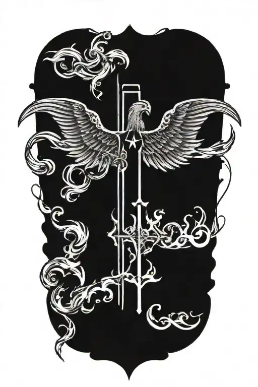 Phoenix rising from  flames and a prominent cross  and words Dona Nobis  Pacem in gothic letters  tattoo design idea