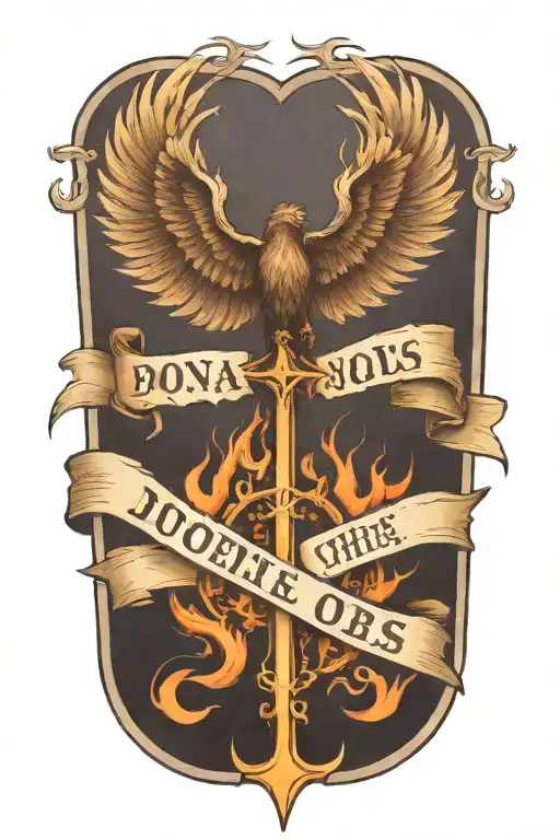 Phoenix bird rising from  flames and cross  and banner with  words Dona Nobis  Pacem in gothic letters  tattoo design idea