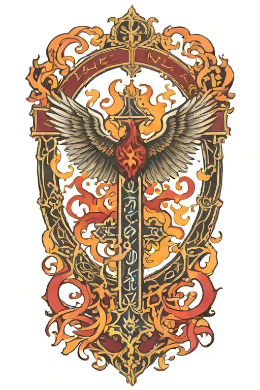 Phoenix rising from  flames and a large  cross  and words Dona Nobis  Pacem in gothic letters  tattoo design idea