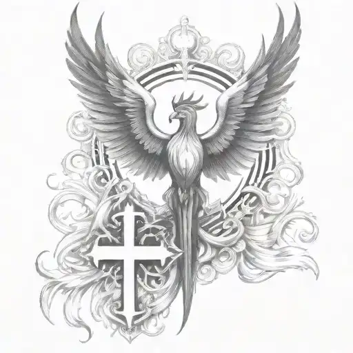 Phoenix rising from  flames and two crosses  and words Dona Nobis  Pacem in gothic letters  tattoo design idea