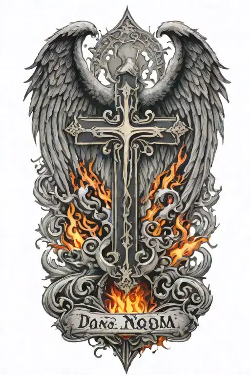 Phoenix rising from  flames and a cross  and words Dona Nobis  Pacem in gothic letters  tattoo design idea
