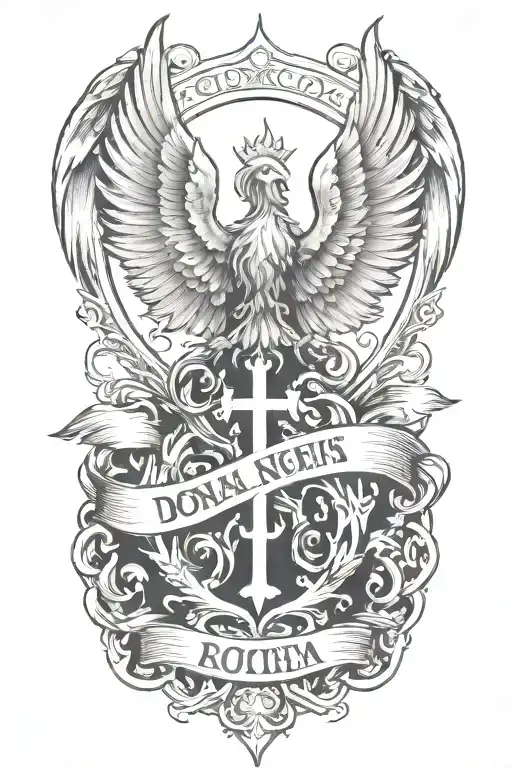 Phoenix rising from  flames and a prominent cross  and words Dona Nobis  Pacem in gothic letters  tattoo design idea